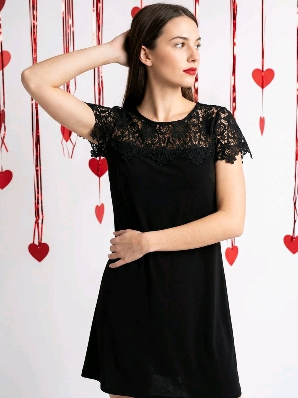 FHQ Collection Black Crochet Lace Neckline Shift Dress Boho Chic LBD Medium